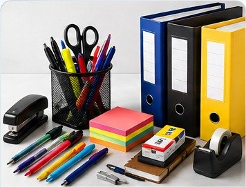 Office stationery including pens, files, notebooks and desk supplies