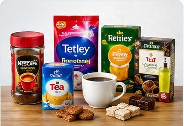 Office pantry items including tea, coffee and snacks